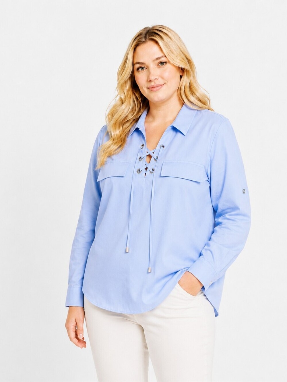 Calvin Klein Light Blue Longsleeve Top with Lace-up Front, Size 2X